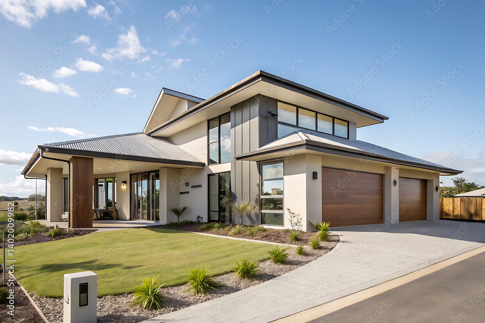 Modern Villa Exterior In Summer Luxury house exterior with brick and siding trim Modern Villa Exterior In Summer Luxury house exterior with brick and siding trim
