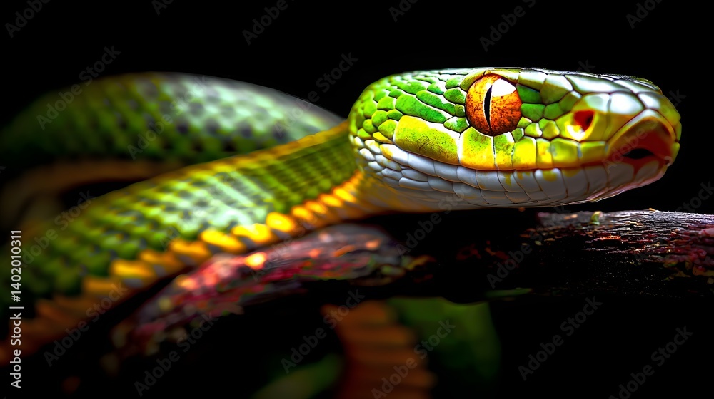 Obraz premium Close-Up of a Colorful Green Snake Slithering on a Branch in a Dark Forest Environment