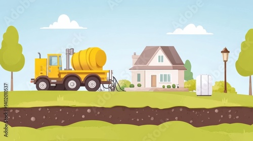 Illustration of Construction Vehicle Performing Work Near a Residential Home in a Scenic Landscape
