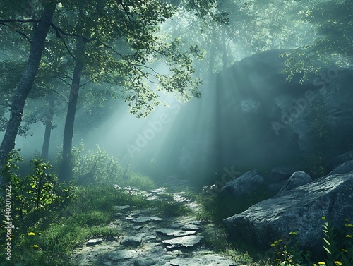 Misty Forest Path Sunlight photo