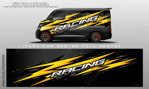 Custom van livery design vector  modern racing inspired vehicle wrap with bold black, yellow, and orange graphics. Side view of a modified van with performance wheels, large rear spoiler, and sporty 