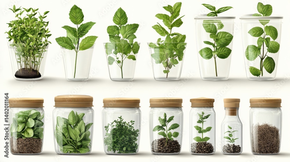 Fototapeta premium Fresh herbs displayed in glass containers, showcasing vibrant greens and organized arrangement, ideal for culinary use