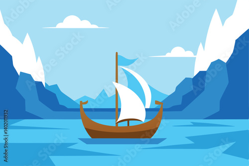 Viking ship sailing through icy fjord vector illustration