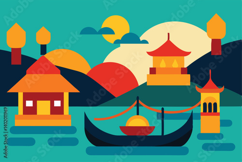 Vietnamese river market scene with boats and lanterns vector illustration