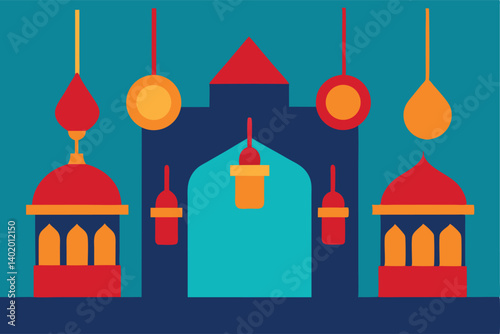 Turkish bazaar with hanging spices and lamps vector illustration
