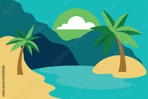 Tropical cove with hidden beach and palm trees vector illustration