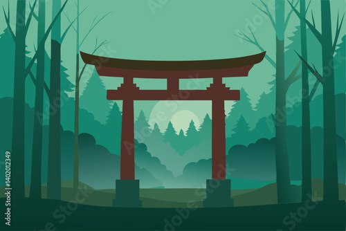 Traditional Japanese Torii gate in misty forest vector illustration