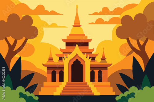 Thai temple surrounded by jungle and golden light vector illustration