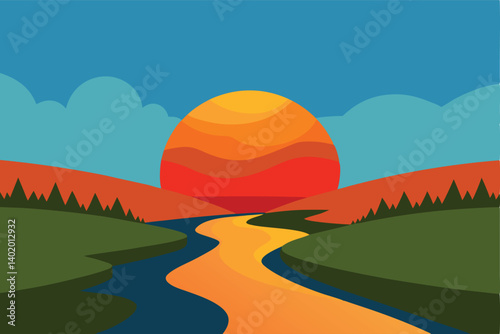 Sunset reflecting on calm river through meadow vector illustration