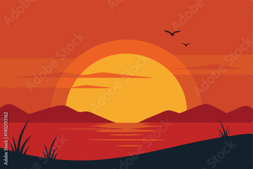 Sunset behind calm lake with birds flying low vector illustration