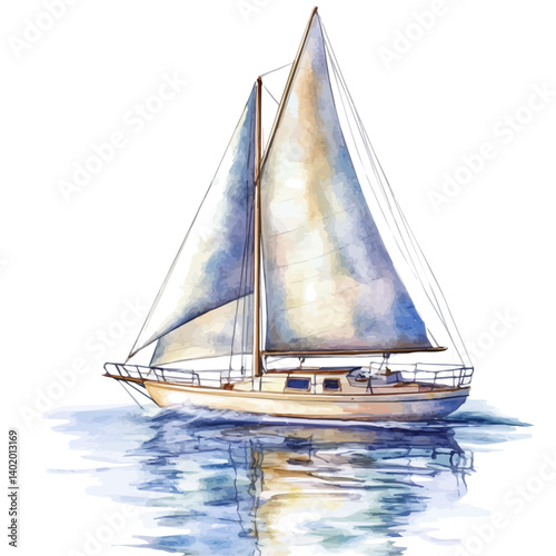 Sailboat With Billowing Sails On A Calm Sea, watercolor vector, isolated on a white background.
