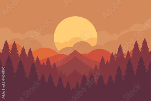 Sunrise lighting up forest through fog vector illustration
