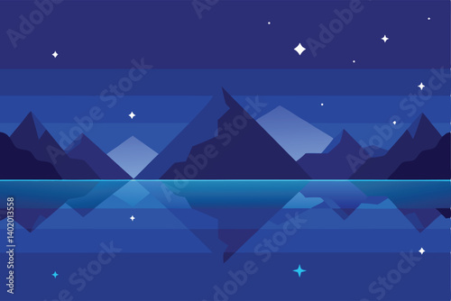 Starry sky reflected on still mountain lake vector illustration