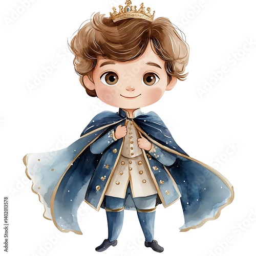 Smiling Cartoon Prince in Blue and Gold Outfit