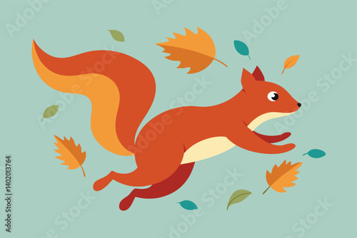Squirrel jumping between autumn branches vector illustration