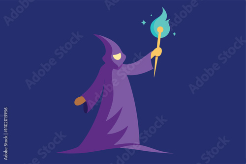 Sorcerer casting glowing spells into sky vector illustration