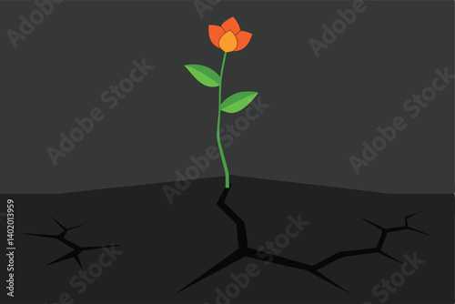 Solitary flower growing through cracked pavement vector illustration