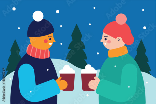 Sharing hot cocoa during snowfall vector illustration