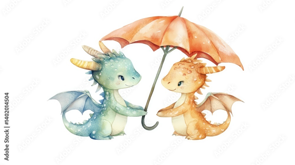 Obraz premium Adorable Two Dragons Sharing Umbrella in Soft Pastel Colors Watercolor