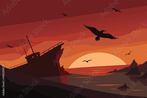 Seagulls flying over shipwreck at dusk vector illustration