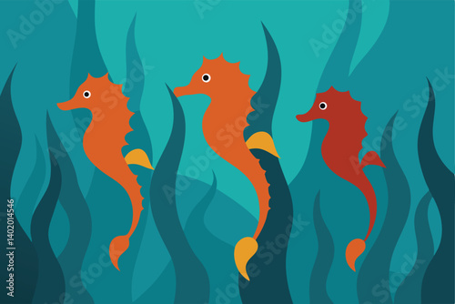 Seahorses swimming through kelp forest vector illustration