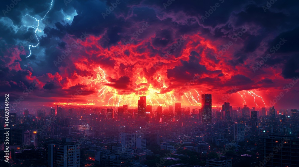 Fototapeta premium A dramatic cityscape illuminated by a fiery storm, showcasing vibrant colors and lightning.