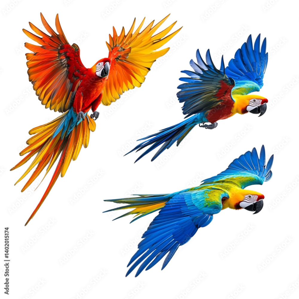 Obraz premium Vibrant Macaws in Flight Colorful Wings Soaring Abstract Art
