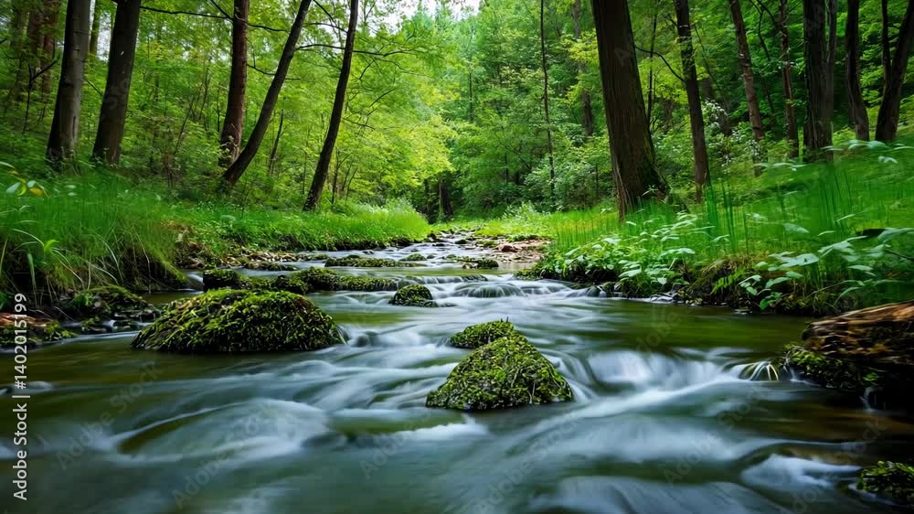 Serene forest stream, lush greenery, tranquil nature Serene forest stream, lush greenery, tranquil nature