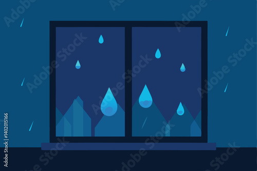Rain dripping on window with blurred lights vector illustration