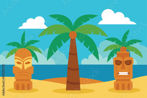 Polynesian tiki statues on tropical beach vector illustration