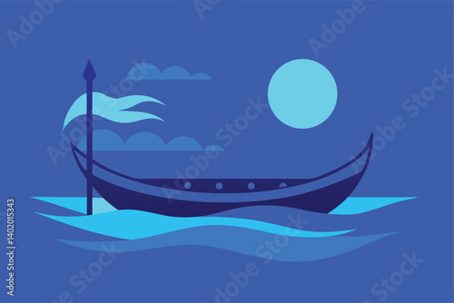 Polynesian canoe navigating glowing blue sea vector illustration