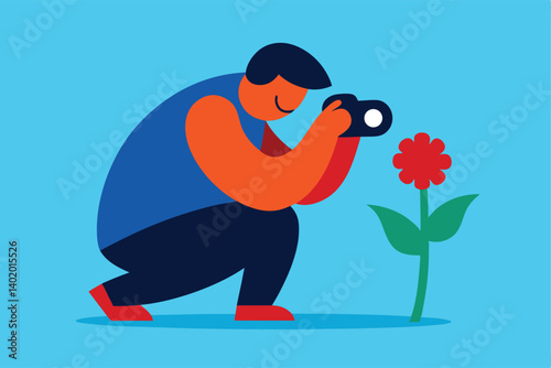 Photographer crouched to capture flower close-up vector illustration