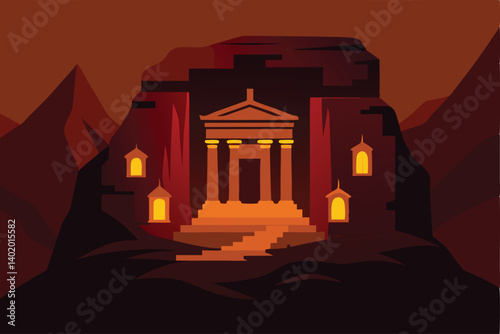 Petra carved cliff glowing with lanterns vector illustration