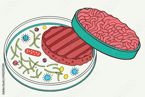 26 Raw ground beef, microscopic bacteria, colorful microorganisms, petri dish, scientific illustration, cross-section view, vibrant colors, red meat texture, circular magnification, biological hazard,