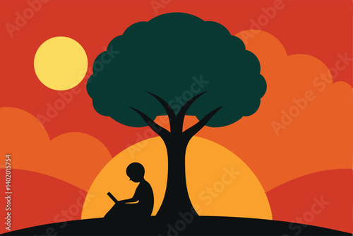 Person reading under large tree during sunset vector illustration
