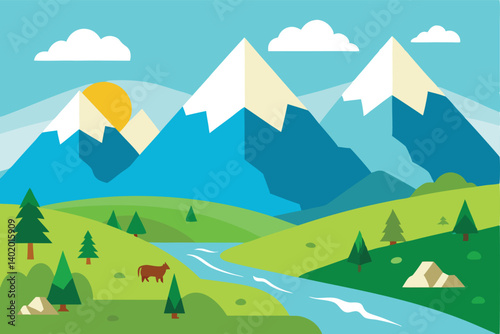 Peaceful mountain valley with grazing animals vector illustration