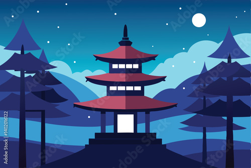 Pagoda in snowy Japanese forest at dusk vector illustration