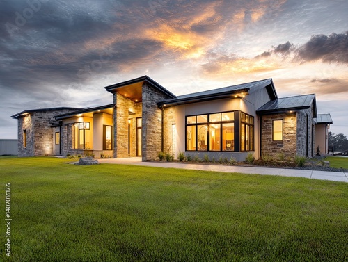 Large stone family house with a grand entryway is illuminated by warm evening light in a peaceful suburb.