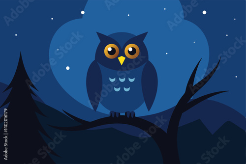 Owl perched on tree during starry night vector illustration