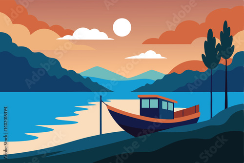 Old boat tied at calm riverbank at dawn vector illustration