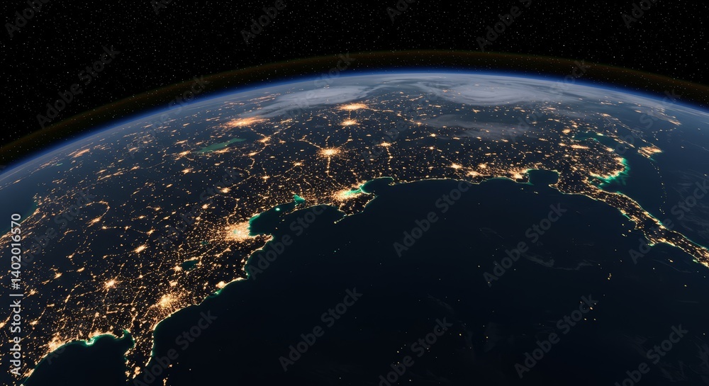 Obraz premium Earth's Night Lights - Stunning view of Earth at night, showcasing city lights and coastlines from space. A beautiful depicting global illumination