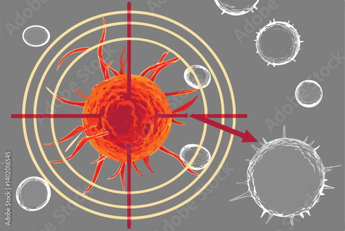 27 Medical illustration, cancer cell targeted, crosshairs overlay, microscopic view, cellular biology, orange and red tumor, grey background cells, scientific imagery, 3D rendering, high detail, drama