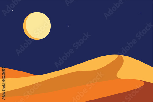Night desert with glowing moon and dunes vector illustration