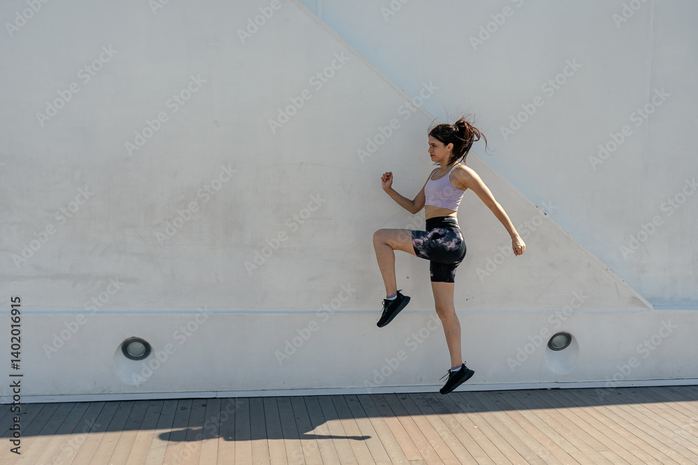 Young sporty woman doing high knee exercise outdoors against white wall