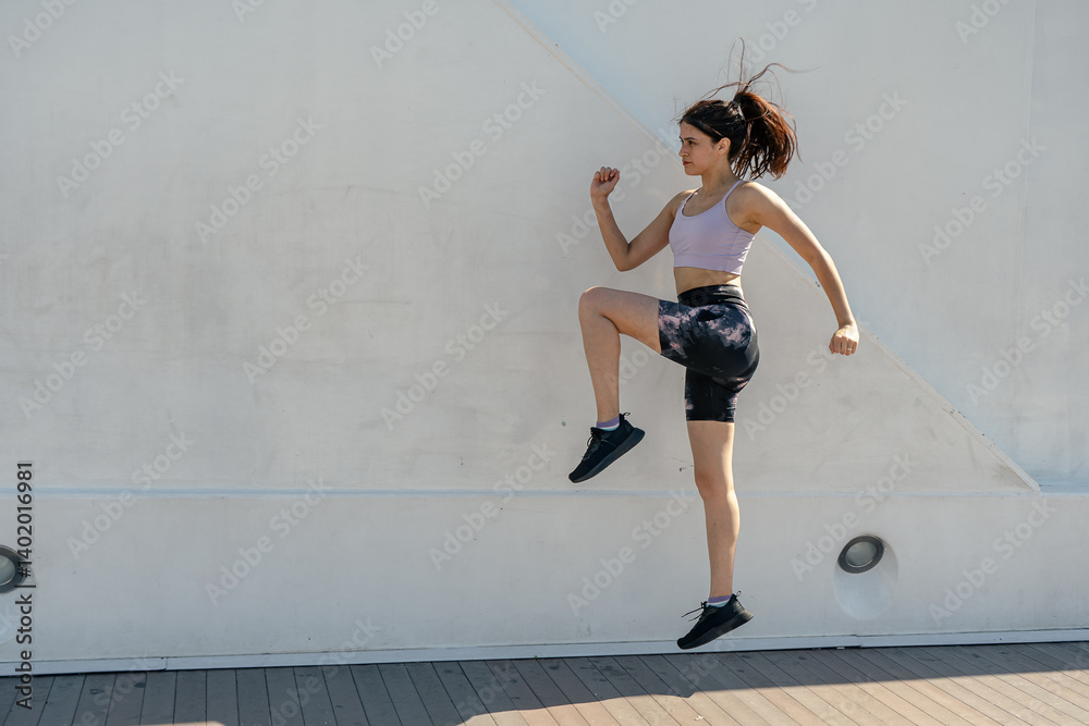 Young sporty woman jumping high against white wall, doing fitness exercise outdoor