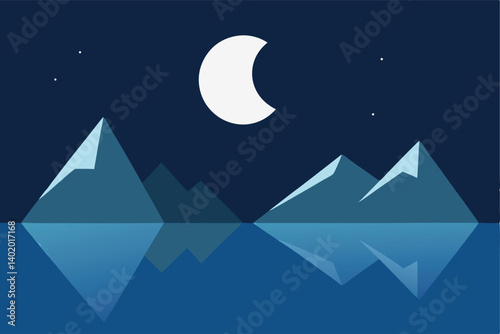Moon reflecting in still mountain lake vector illustration