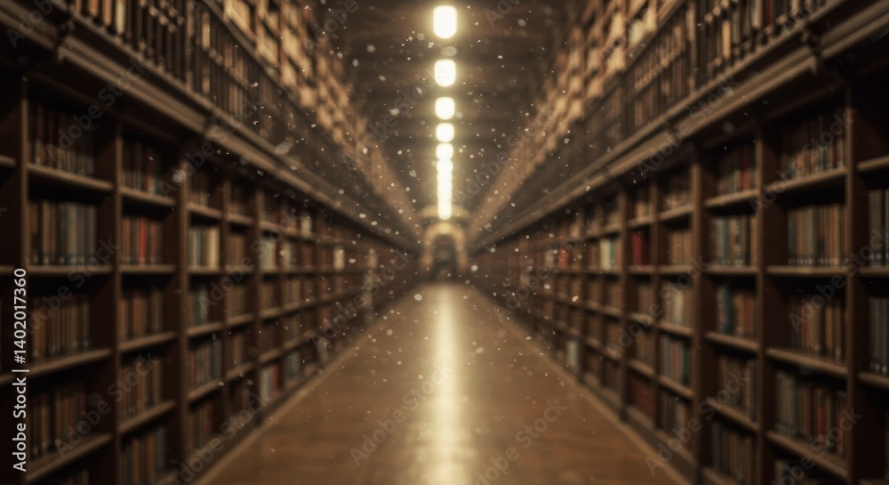 Grand Library Hallway - A long hallway in a grand library filled with bookshelves, glowing lights, and floating dust particles Grand Library Hallway - A long hallway in a grand library filled with bookshelves, glowing lights, and floating dust particles