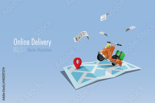 Delivery scooter on map pin bill receipt. Online shopping, delivery service and shipment distribution. 3D vector.