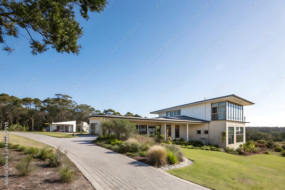 Obraz premium Modern Villa Exterior In Summer Luxury house exterior with brick and siding trim