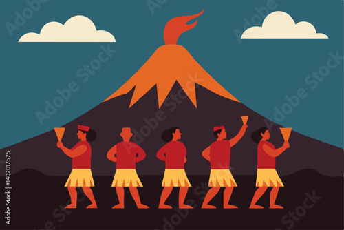 Maori haka performance in front of volcano vector illustration
